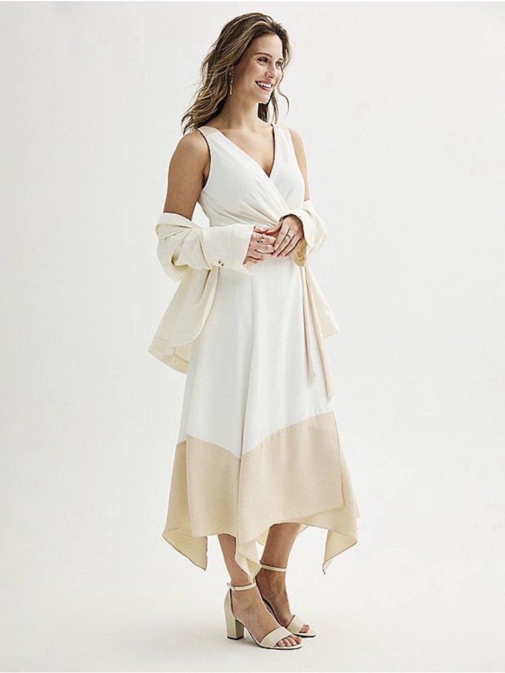 Beautiful NWOT V-Neck Two-Tone High-Low Dress in White & Cream